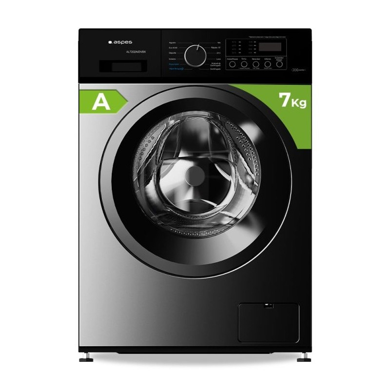 Aspes AL7202AIDVBX lavadora Carga frontal 7 kg 1200 RPM Negro, Acero inoxidable