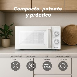 Grunkel MWG-20MG microondas Blanco Microondas con grill Encimera 20 L 700 W
