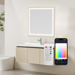 Ksix Espejo inteligente Aqua, Antivaho 70x70 cm, Altavoz integrado, RGB + Blanco cálido, 1.300 lm, 36 W, App Tuya