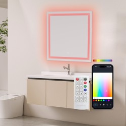 Ksix Espejo inteligente Aqua, Antivaho 70x70 cm, Altavoz integrado, RGB + Blanco cálido, 1.300 lm, 36 W, App Tuya