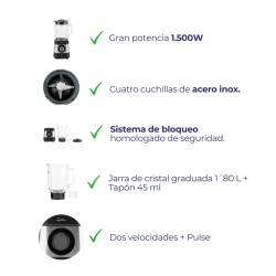 JATA JEBT3855 licuadora 1,8 L Batidora de vaso 1500 W Negro, Acero inoxidable, Transparente