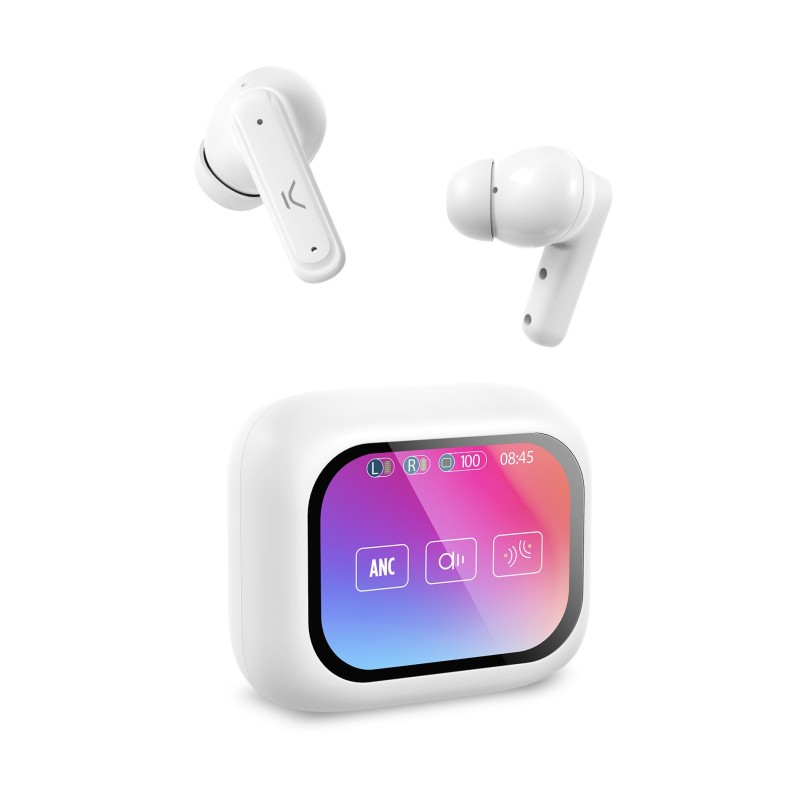 Ksix Auriculares inalámbricos Vision, Pantalla TFT 2,01'', ANC, Aut. 6+20 h, Control táctil, Llamadas, Asist. de voz, Blanco