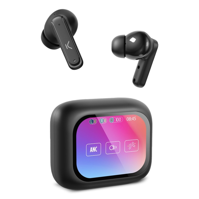 Ksix Auriculares inalámbricos Vision, Pantalla TFT 2,01'', ANC, Aut. 6+20 h, Control táctil, Llamadas, Asist. de voz, Negro